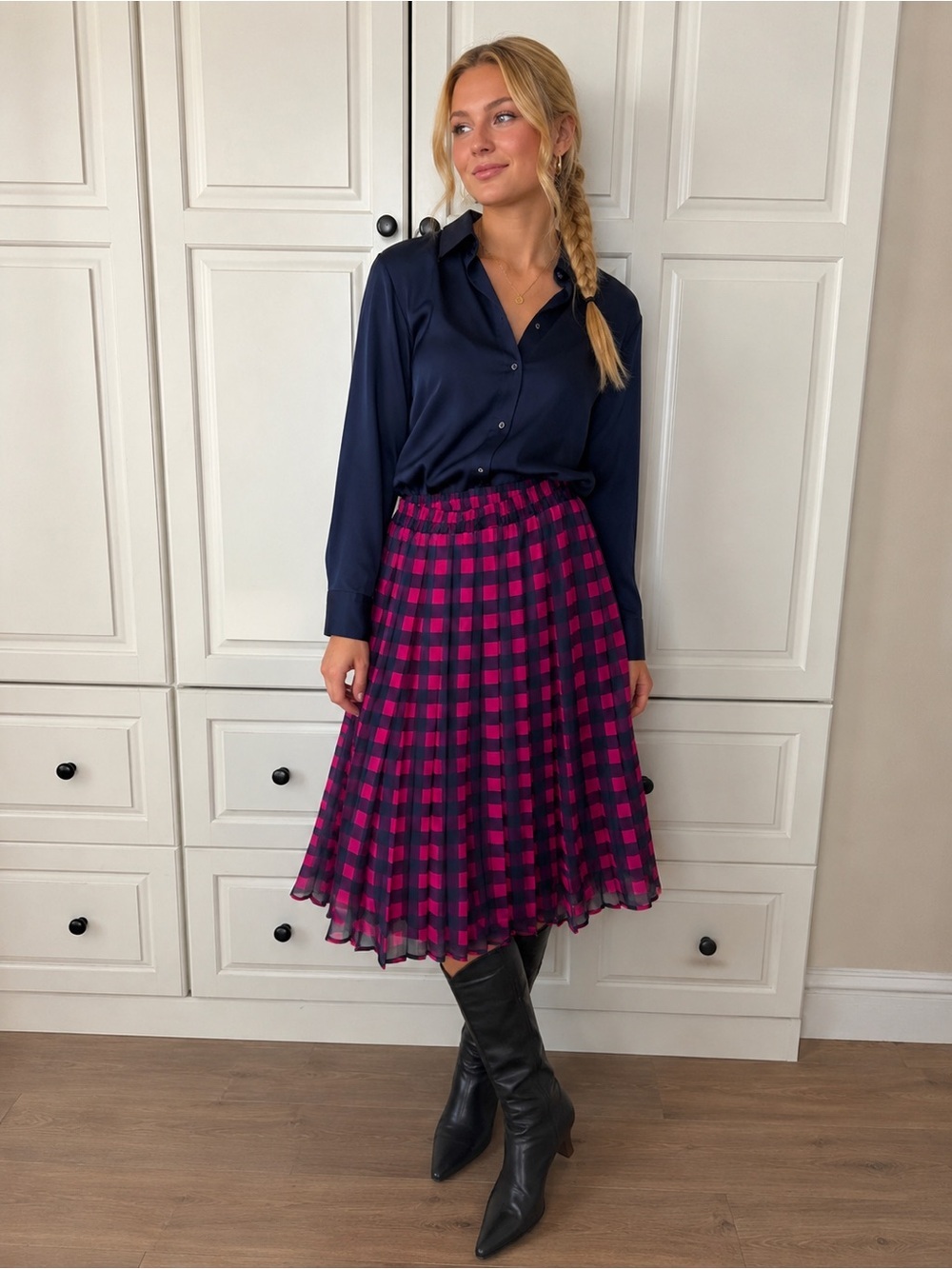 NWT KATHRYN DEENE NY Vintage Pleated Check Semi Sheer Midi Skirt in Pink Navy